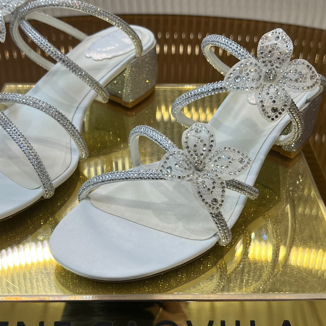 2024 SS Crystal Diamond Square Heel Lace Flower Coarse Heel White Sandals XZH217