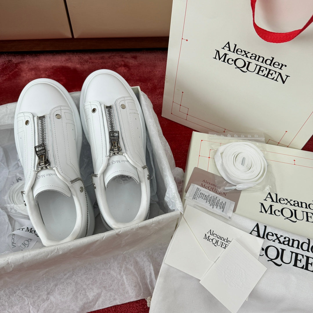 JK season McQueen zipper cowhide comfortable white shoes, unisex board shoes XH220