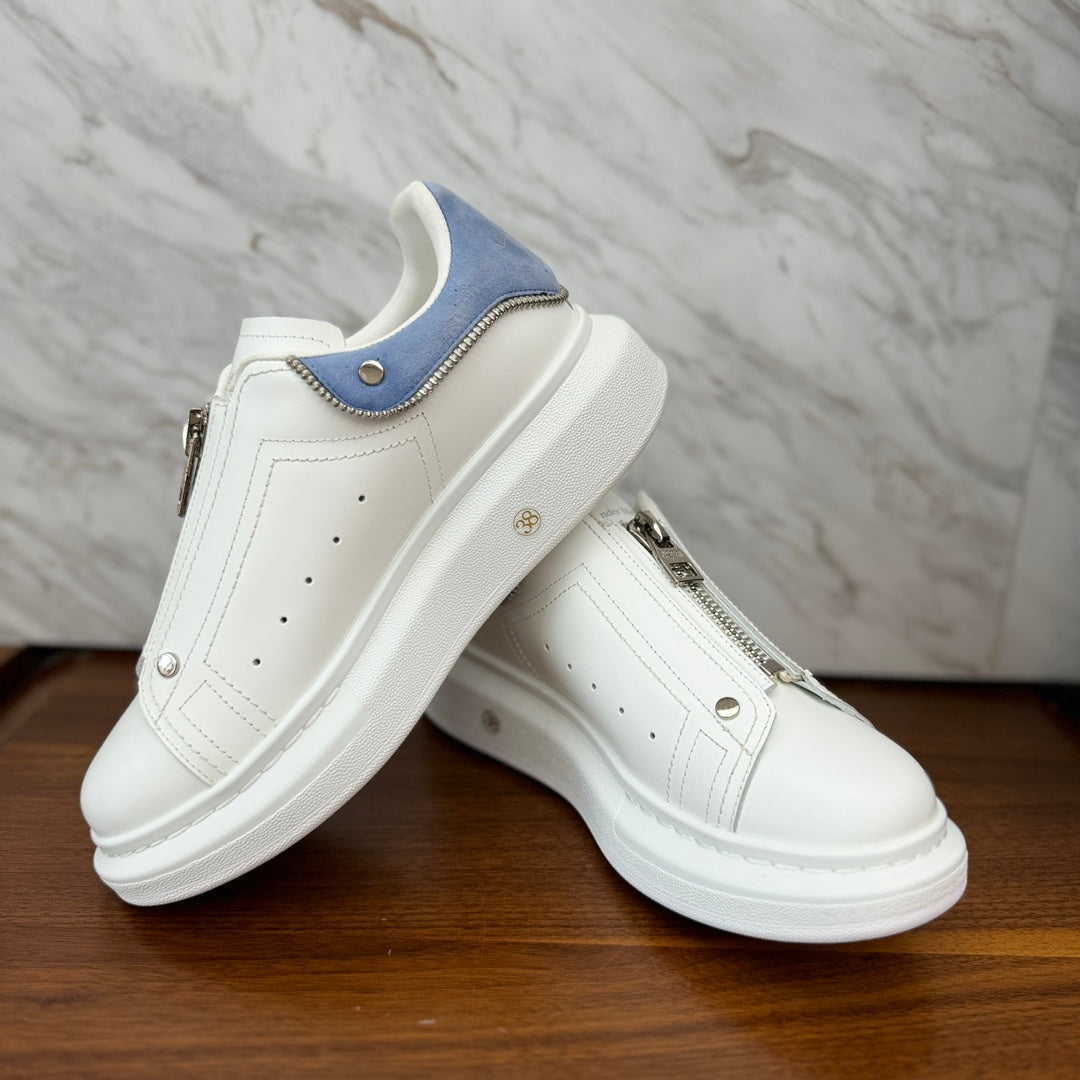 Color blocked zipper cowhide comfortable white shoes Women's board shoes blue sports shoes XH220