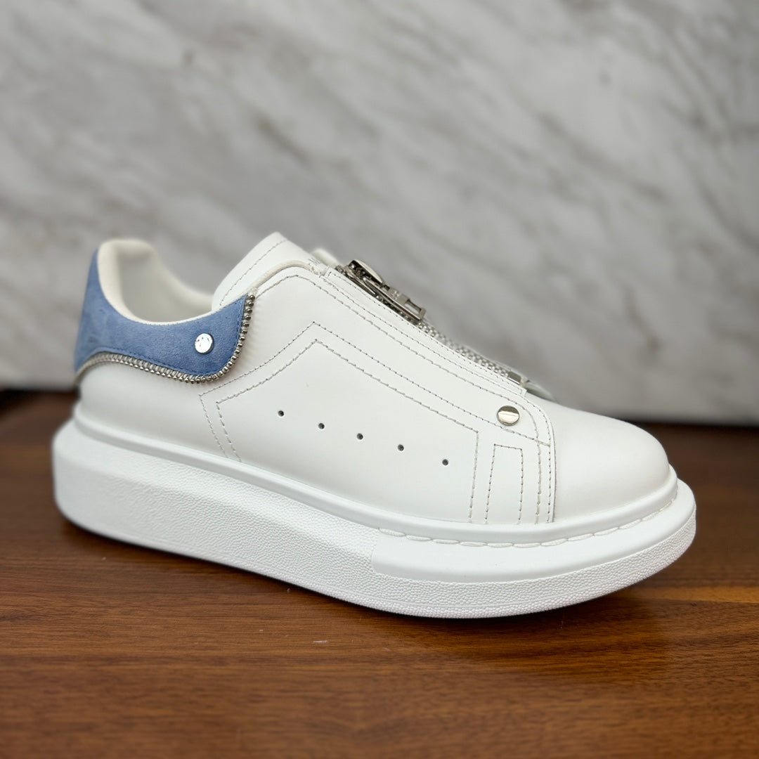 Color blocked zipper cowhide comfortable white shoes Women's board shoes blue sports shoes XH220