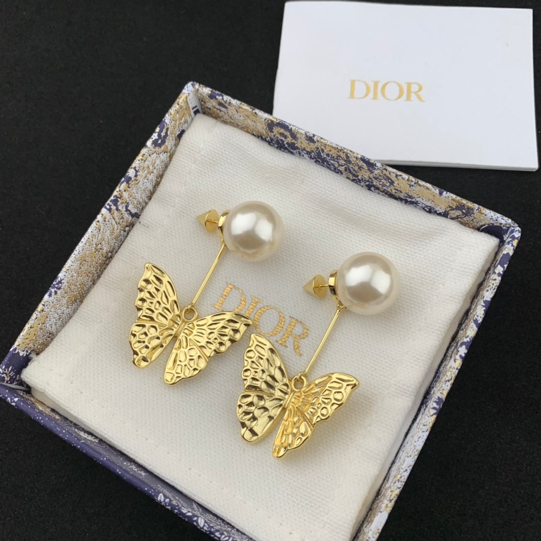 do front and rear bead butterfly gold earrings