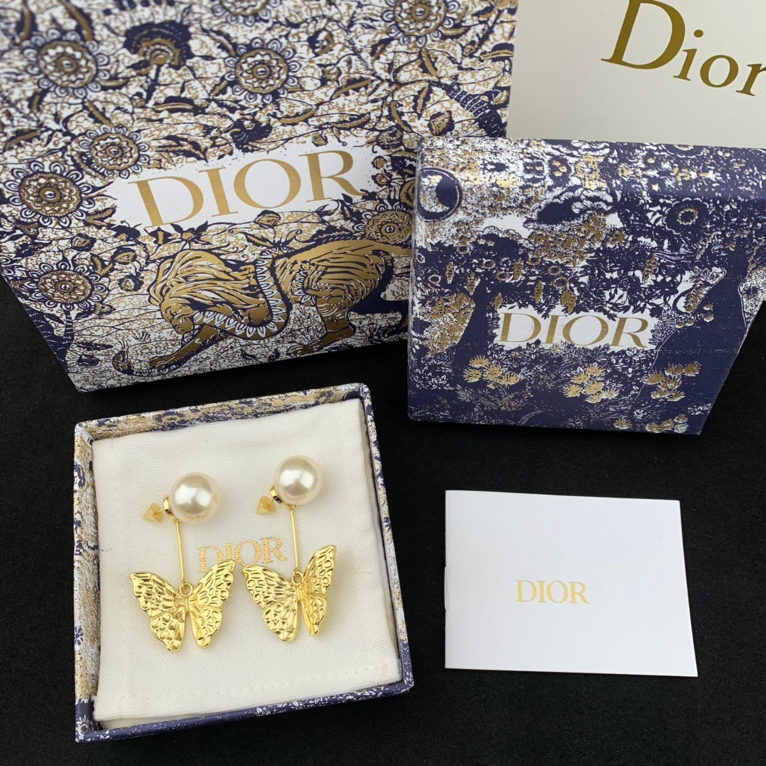 do front and rear bead butterfly gold earrings