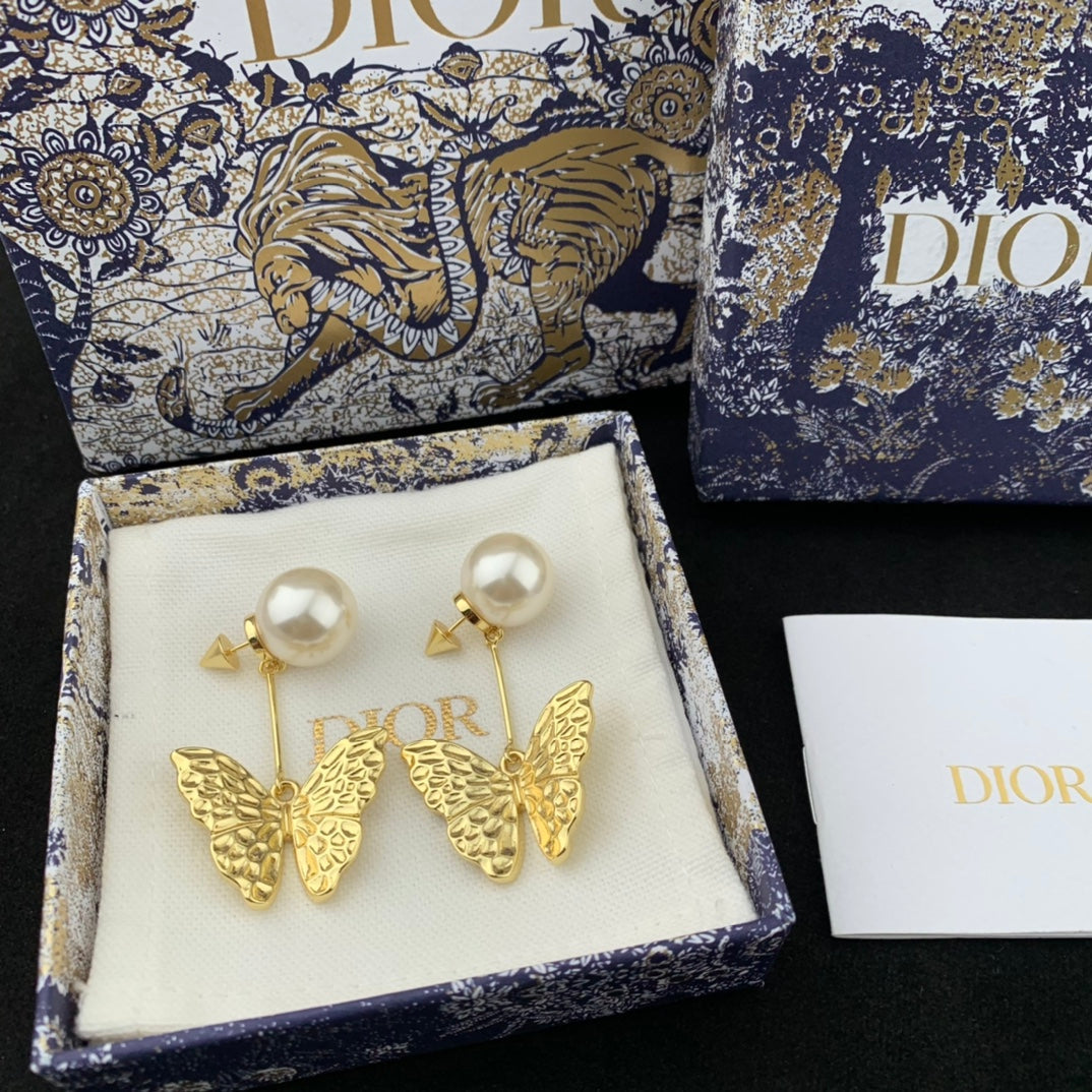 do front and rear bead butterfly gold earrings