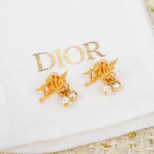 d pearl letter tassel rhinestone gold earrings eha184