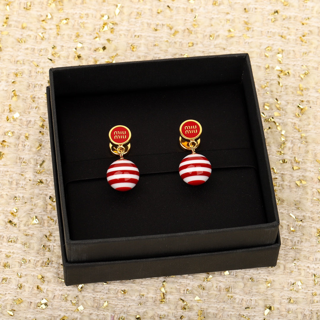 red and white striped ball letter circular earrings eha204