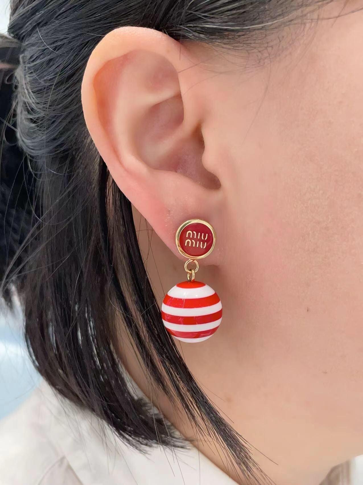 red and white striped ball letter circular earrings eha204