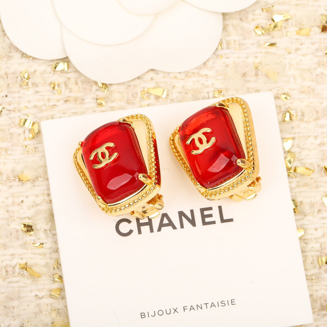 French Double C Letter Square Red Earrings EHA185