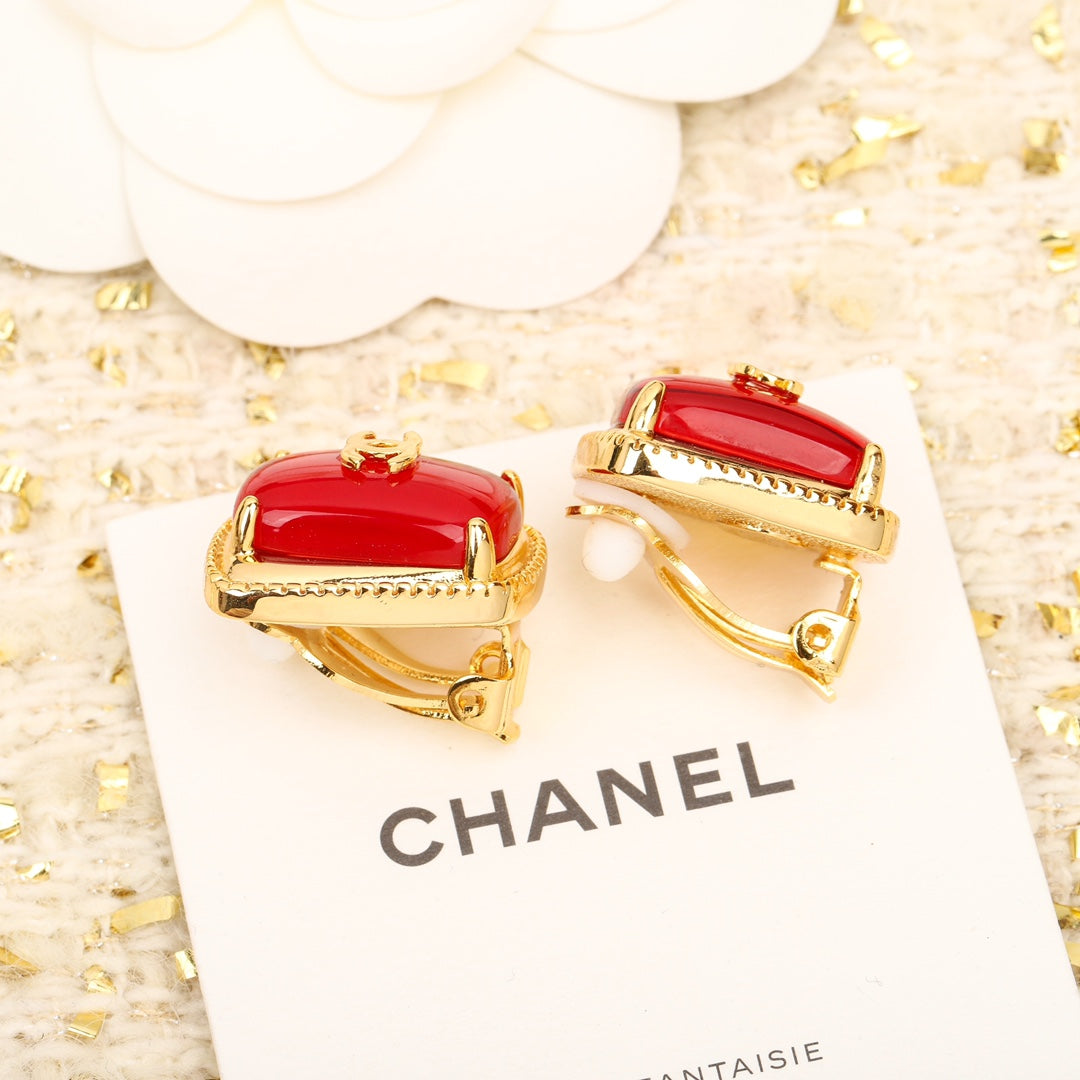 French Double C Letter Square Red Earrings EHA185