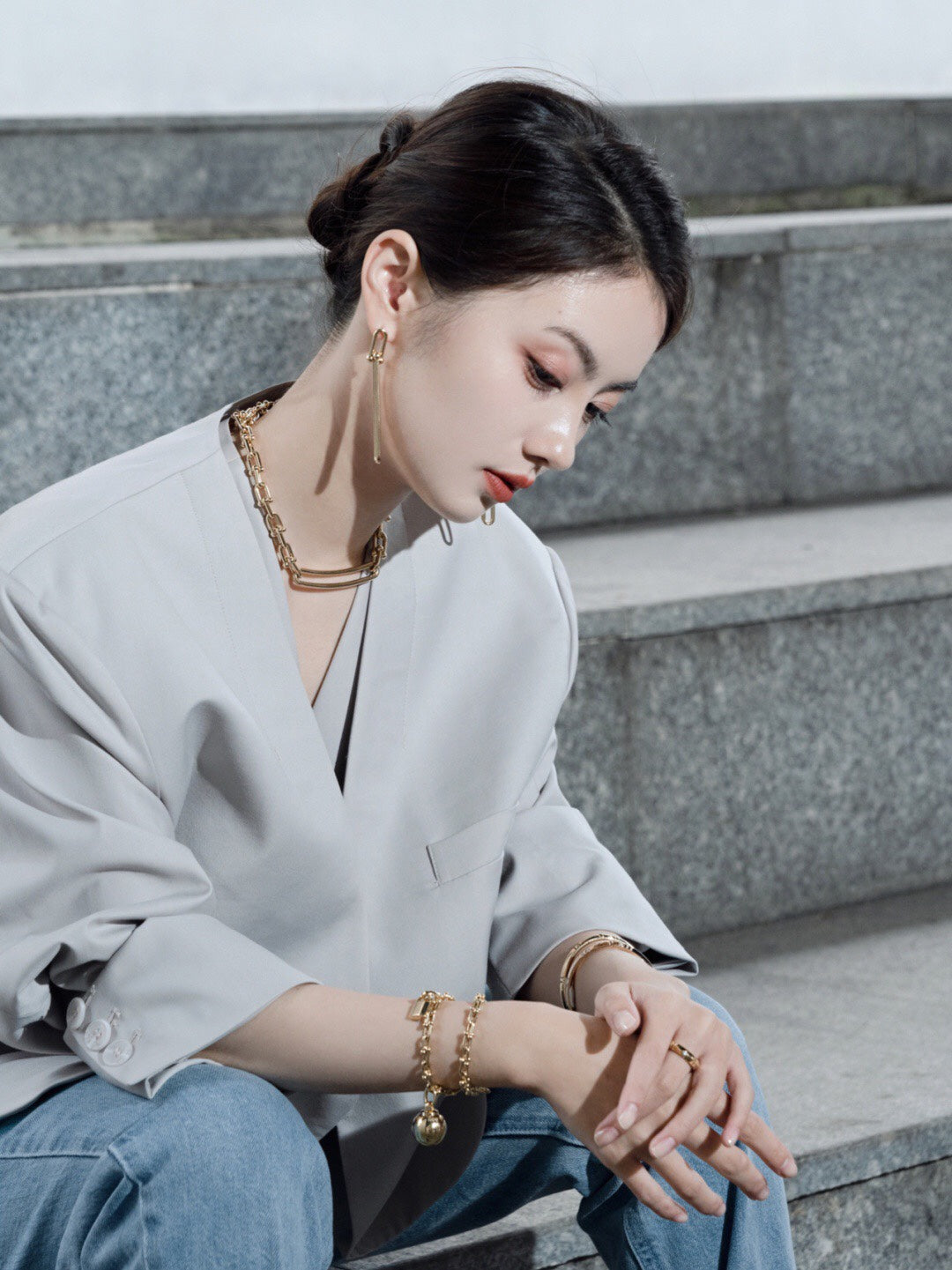 hardwear 18k gold double long chain irregular geometric earrings eha194