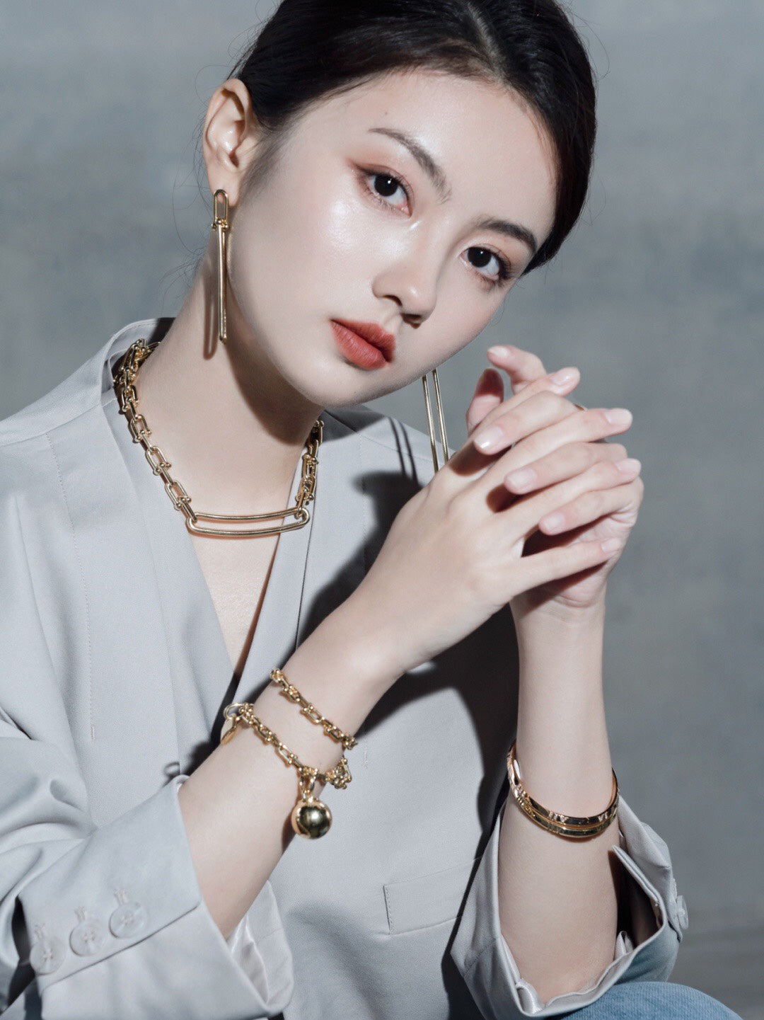 hardwear 18k gold double long chain irregular geometric earrings eha194