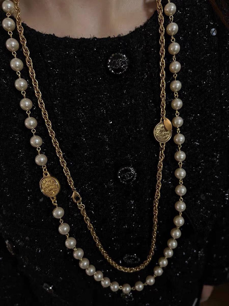 CHA Gold Coin Pearl Long Chain XLA222