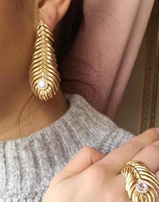 Large smooth feather gold silver earrings EHA439