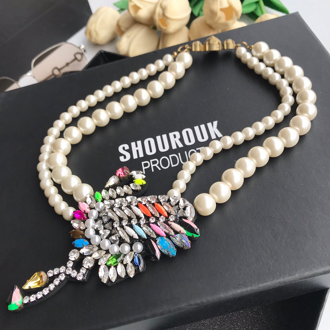 Shourouk Red crowned Crane Pearl Necklace XLA219