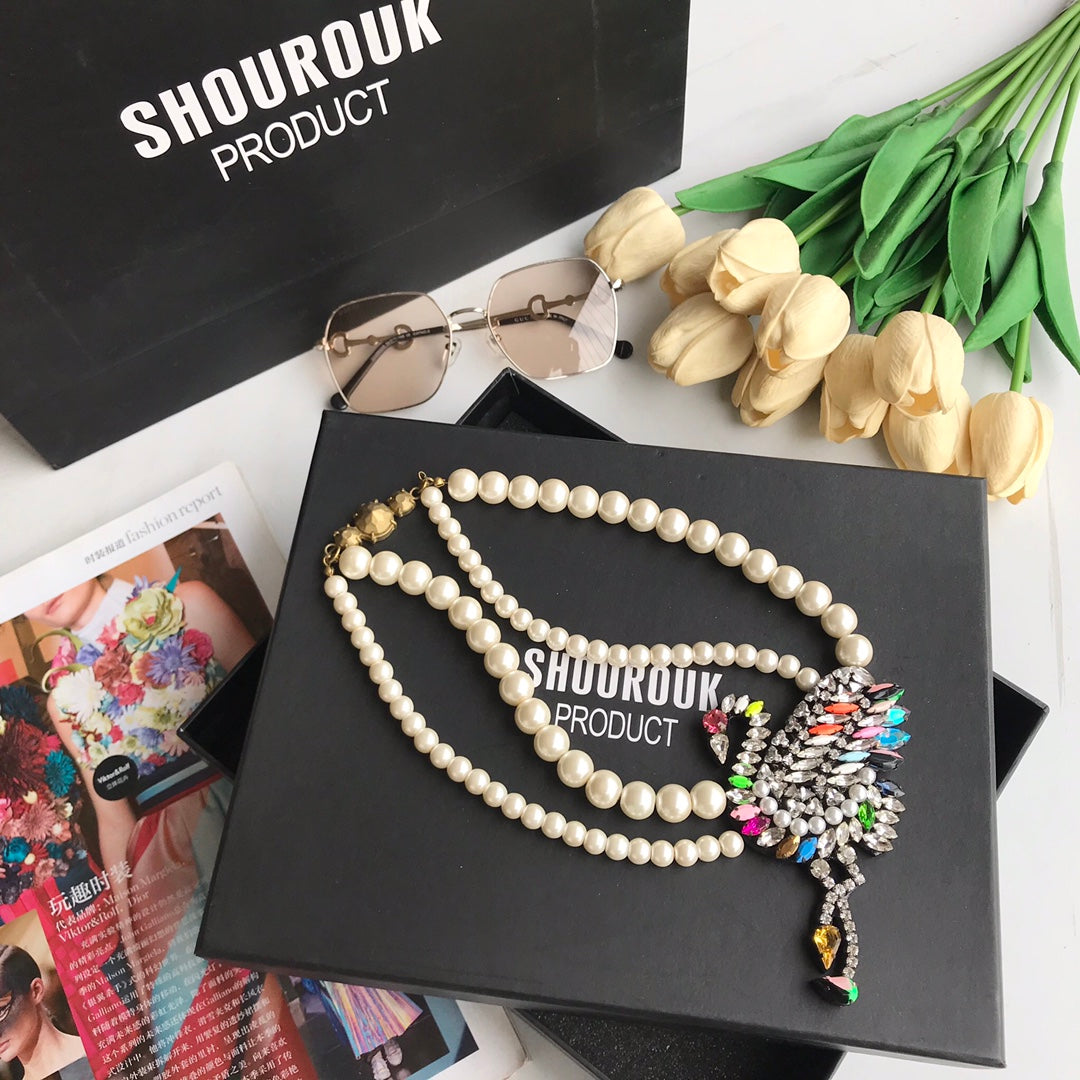 Shourouk Red crowned Crane Pearl Necklace XLA219