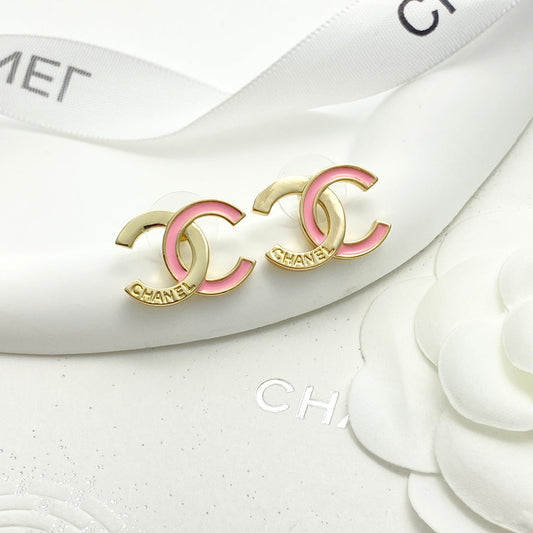 Pink enamel spliced double c earrings EHA736