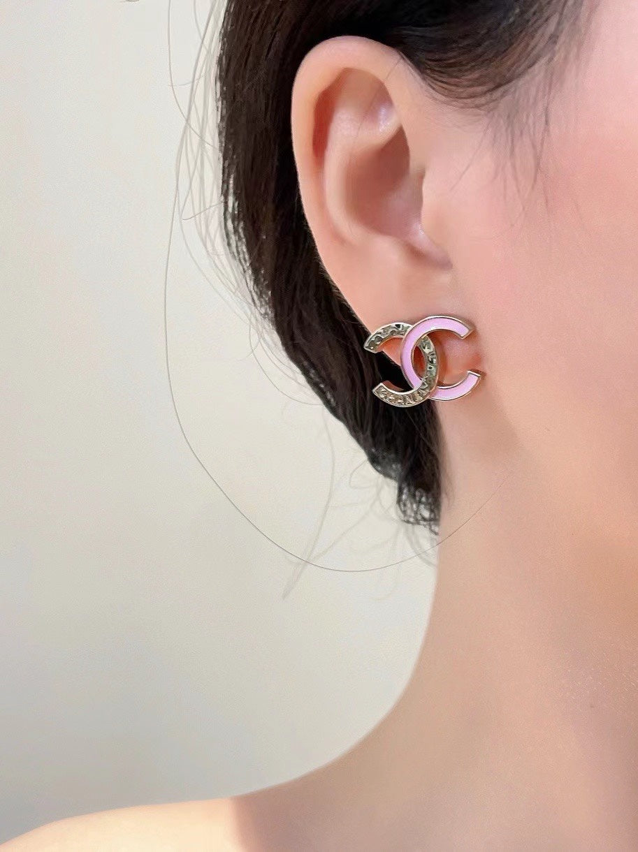 Pink enamel spliced double c earrings EHA736