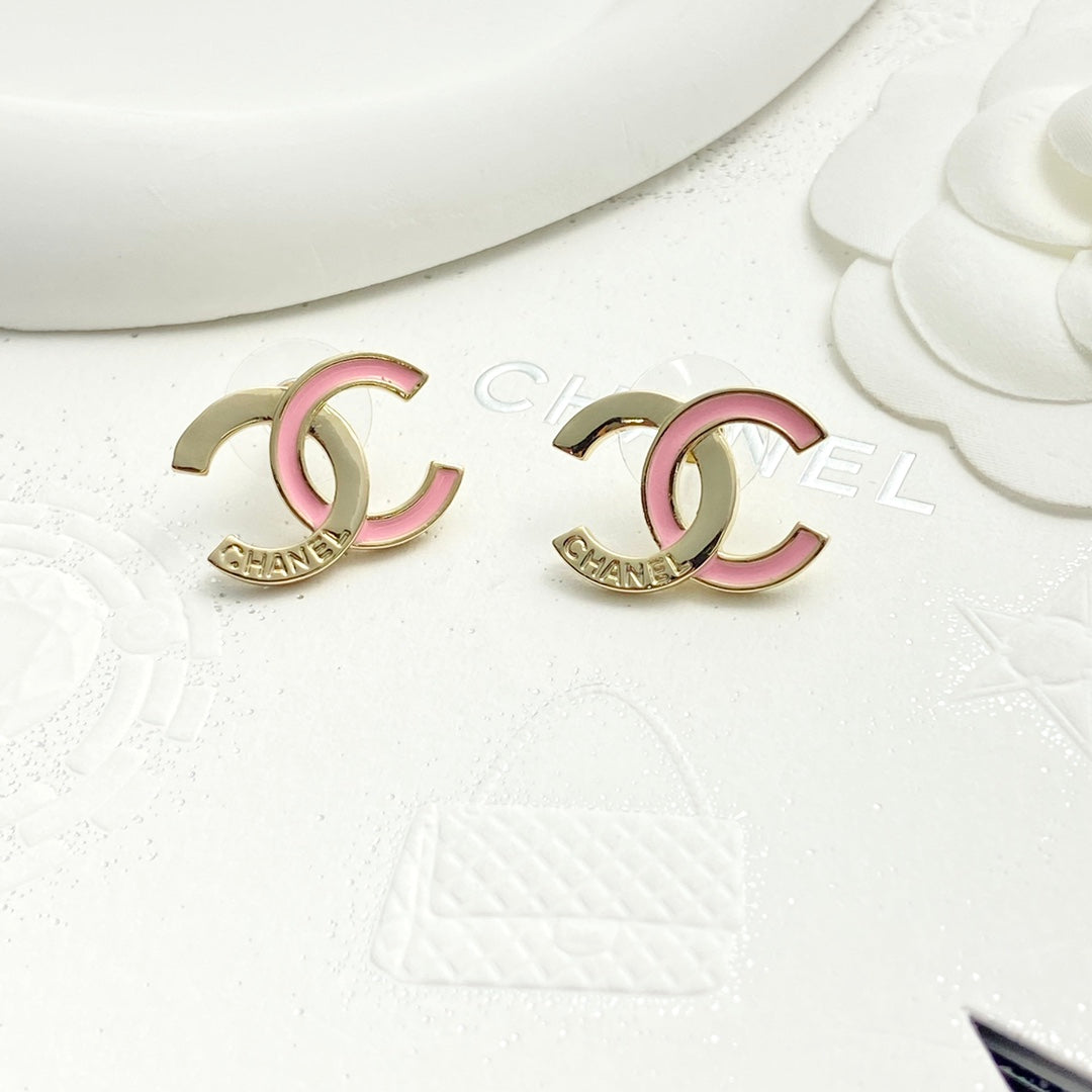 Pink enamel spliced double c earrings EHA736