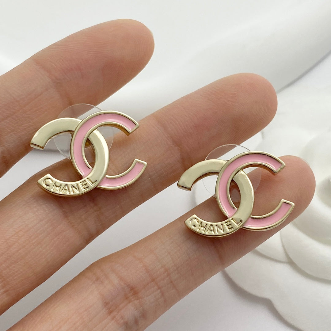 Pink enamel spliced double c earrings EHA736