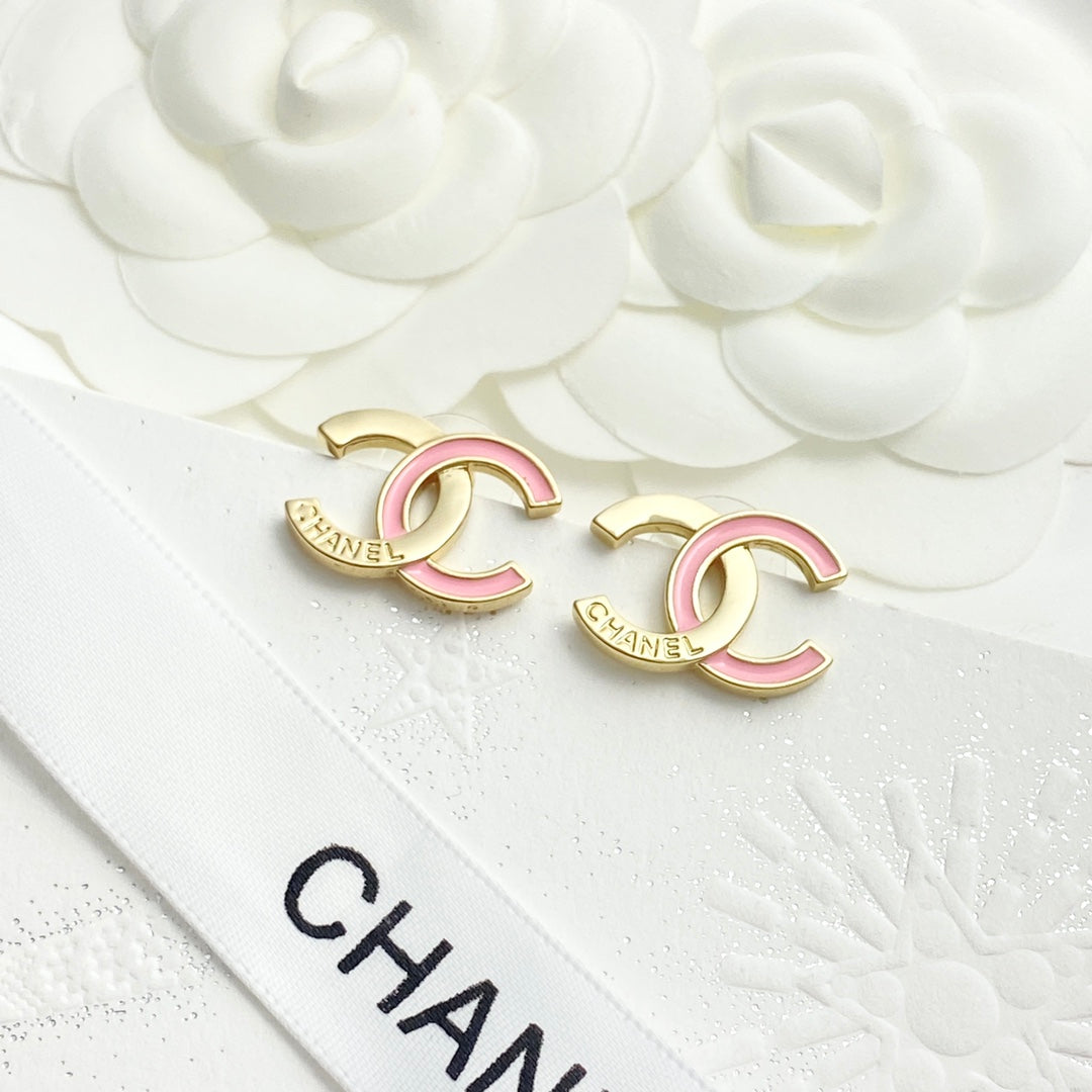 Pink enamel spliced double c earrings EHA736