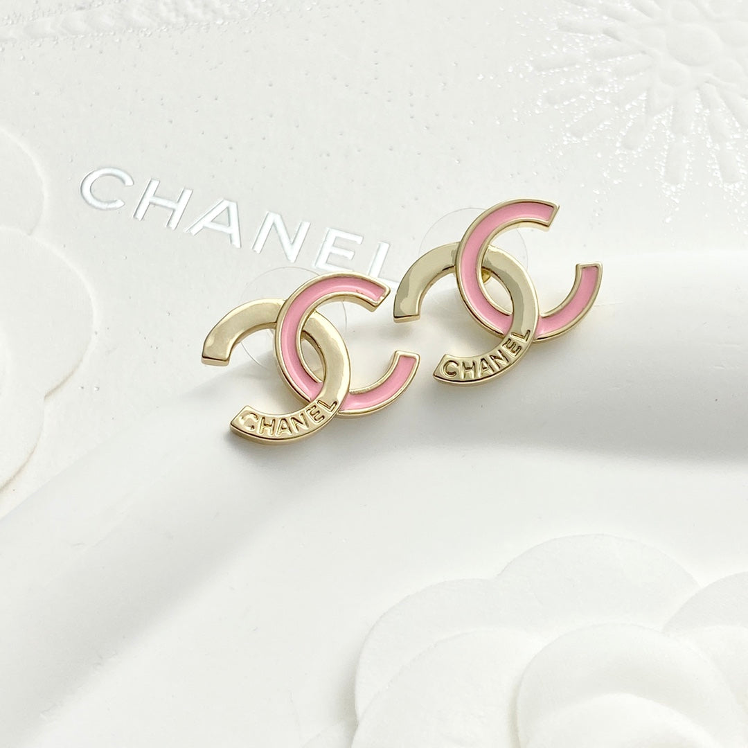 Pink enamel spliced double c earrings EHA736