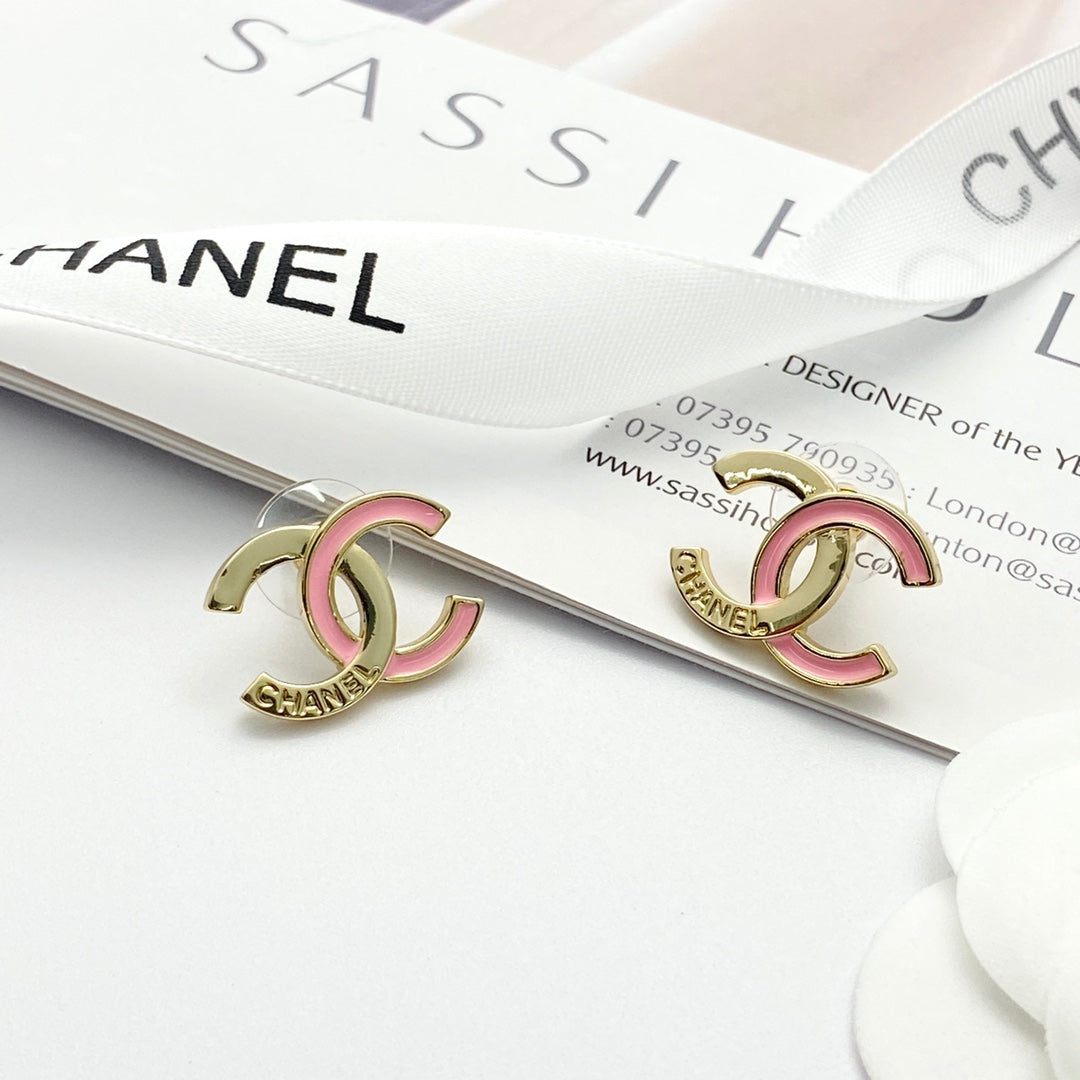 Pink enamel spliced double c earrings EHA736