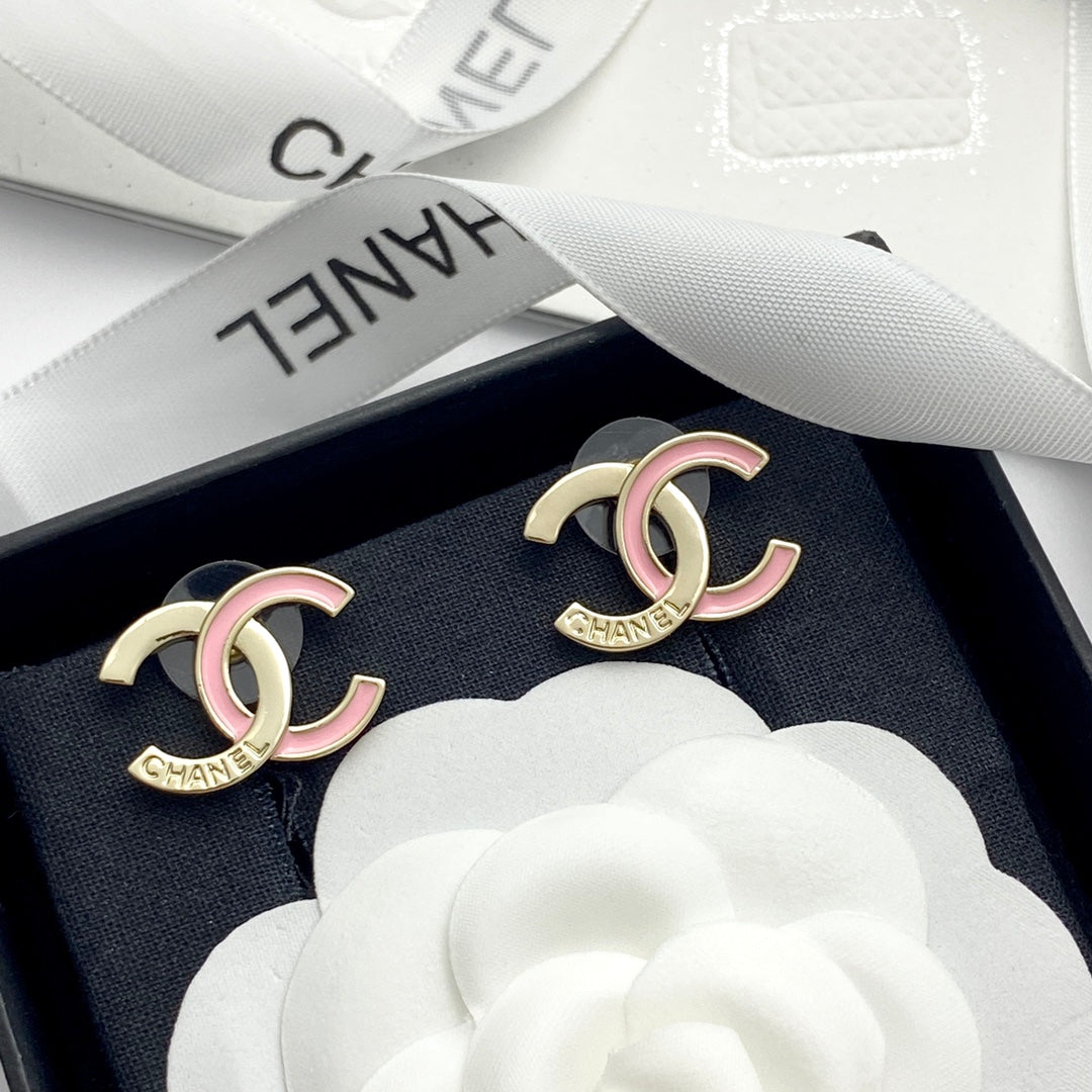 Pink enamel spliced double c earrings EHA736