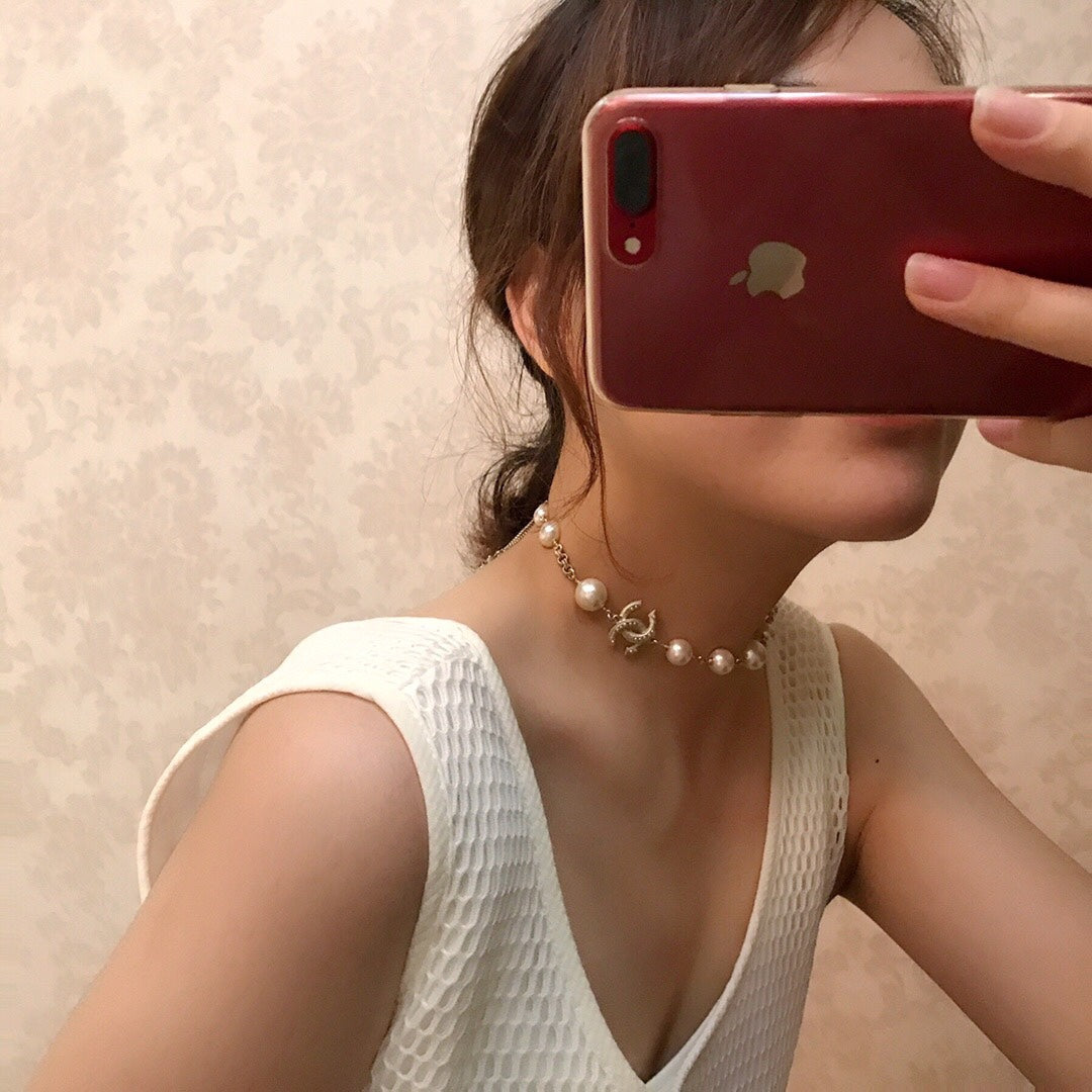 Camellia pearl double layered collarbone gold necklace SLA81