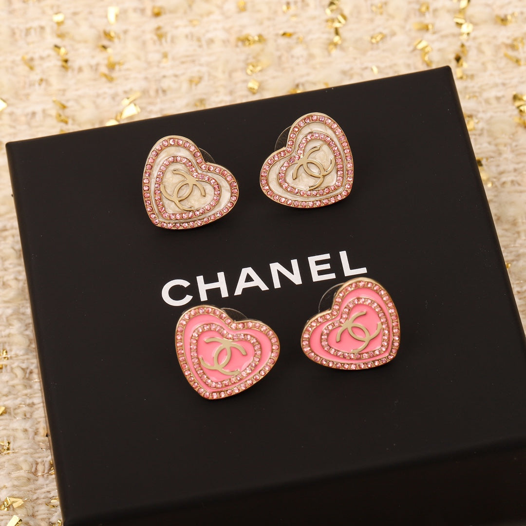 Double circle pink enamel heart-shaped earrings EHA262