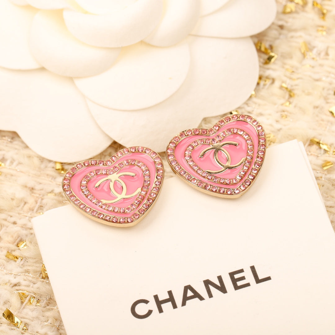 Double circle pink enamel heart-shaped earrings EHA262