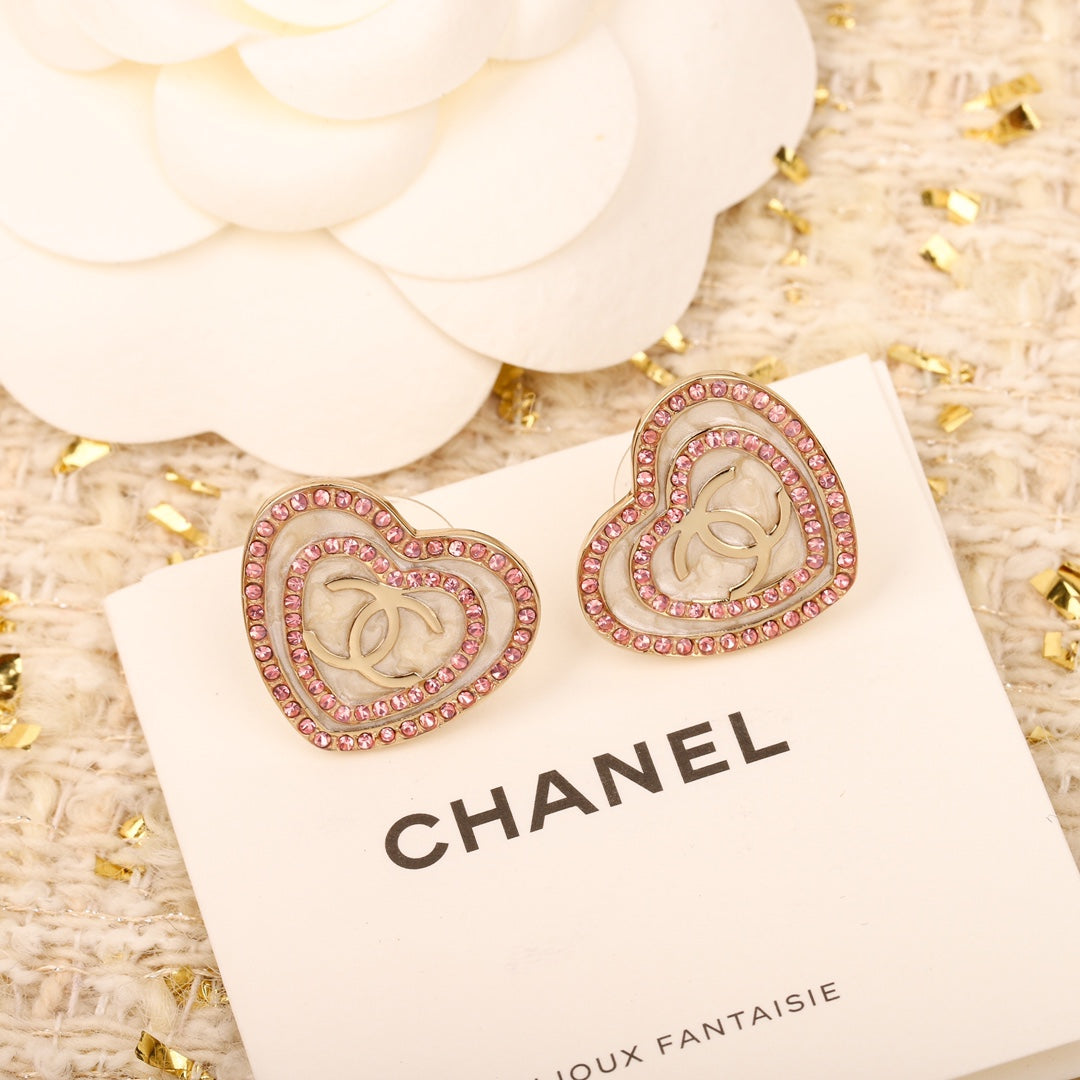 Double circle pink enamel heart-shaped earrings EHA262