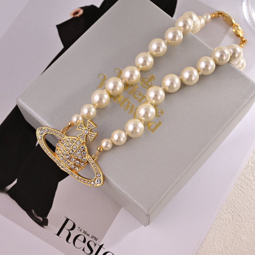 Saturn Silver Pearl Necklace XLA485