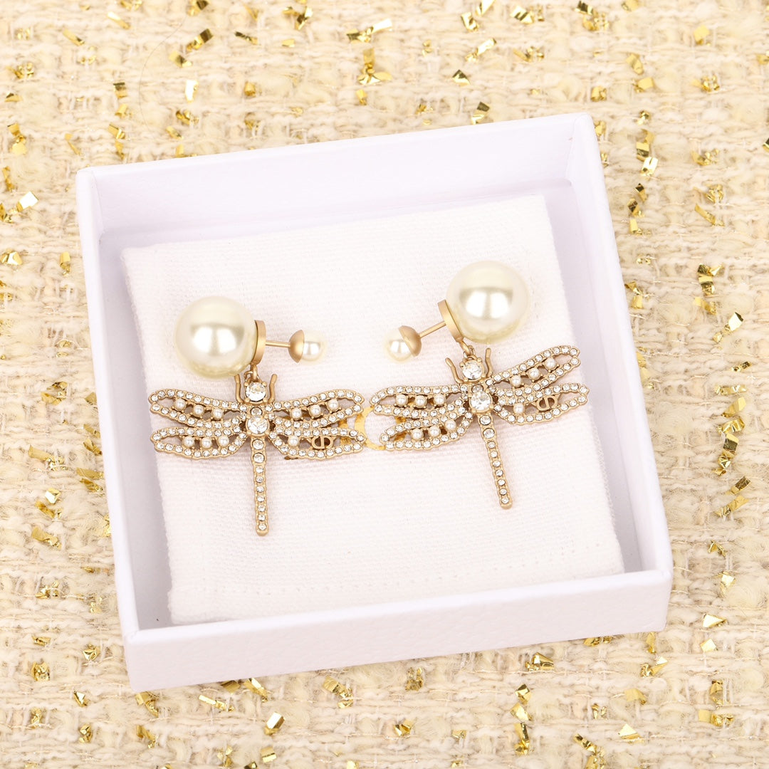 hollow dragonfly pearl silver earrings eha226