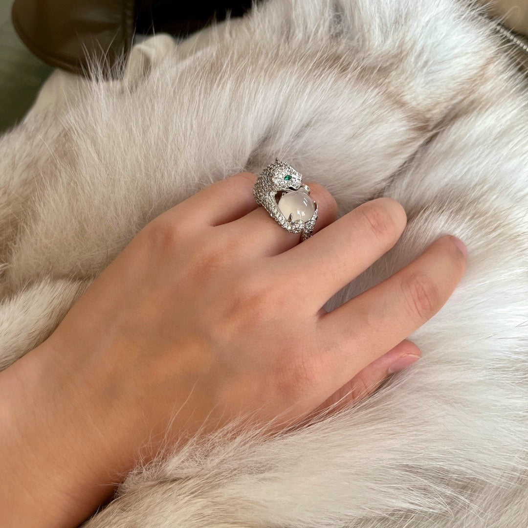 18k gold natural water foam chalcedony leopard ring jza115