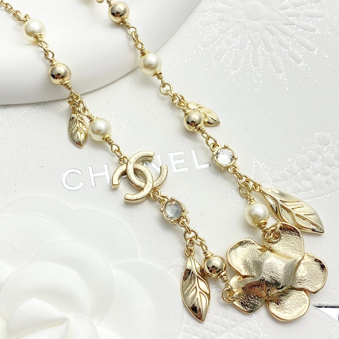 Pearl Double C Tassel Leafy Flower Gold Long Necklace XLA234