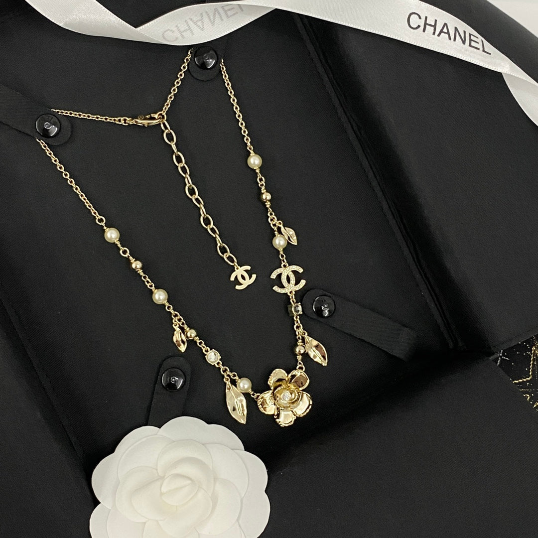 Pearl Double C Tassel Leafy Flower Gold Long Necklace XLA234