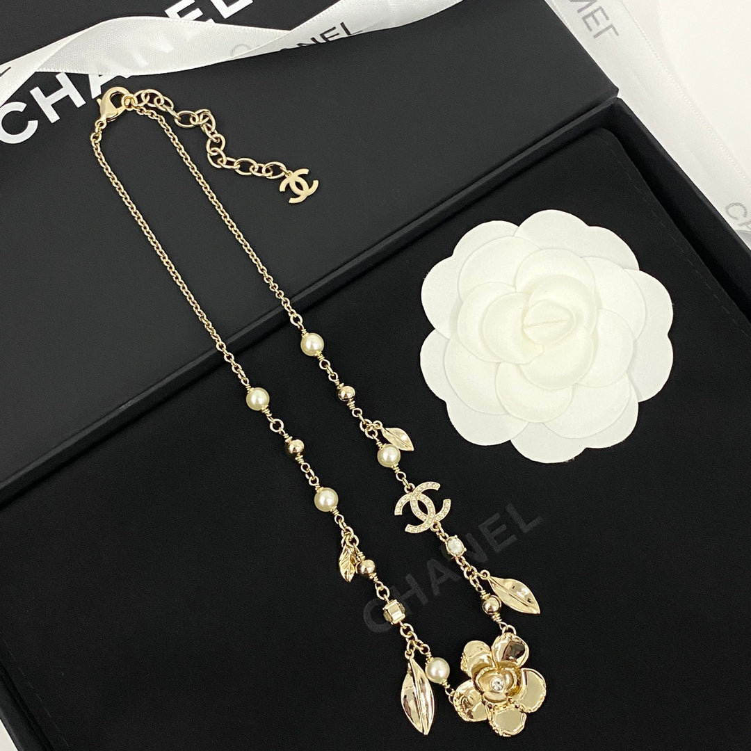 Pearl Double C Tassel Leafy Flower Gold Long Necklace XLA234