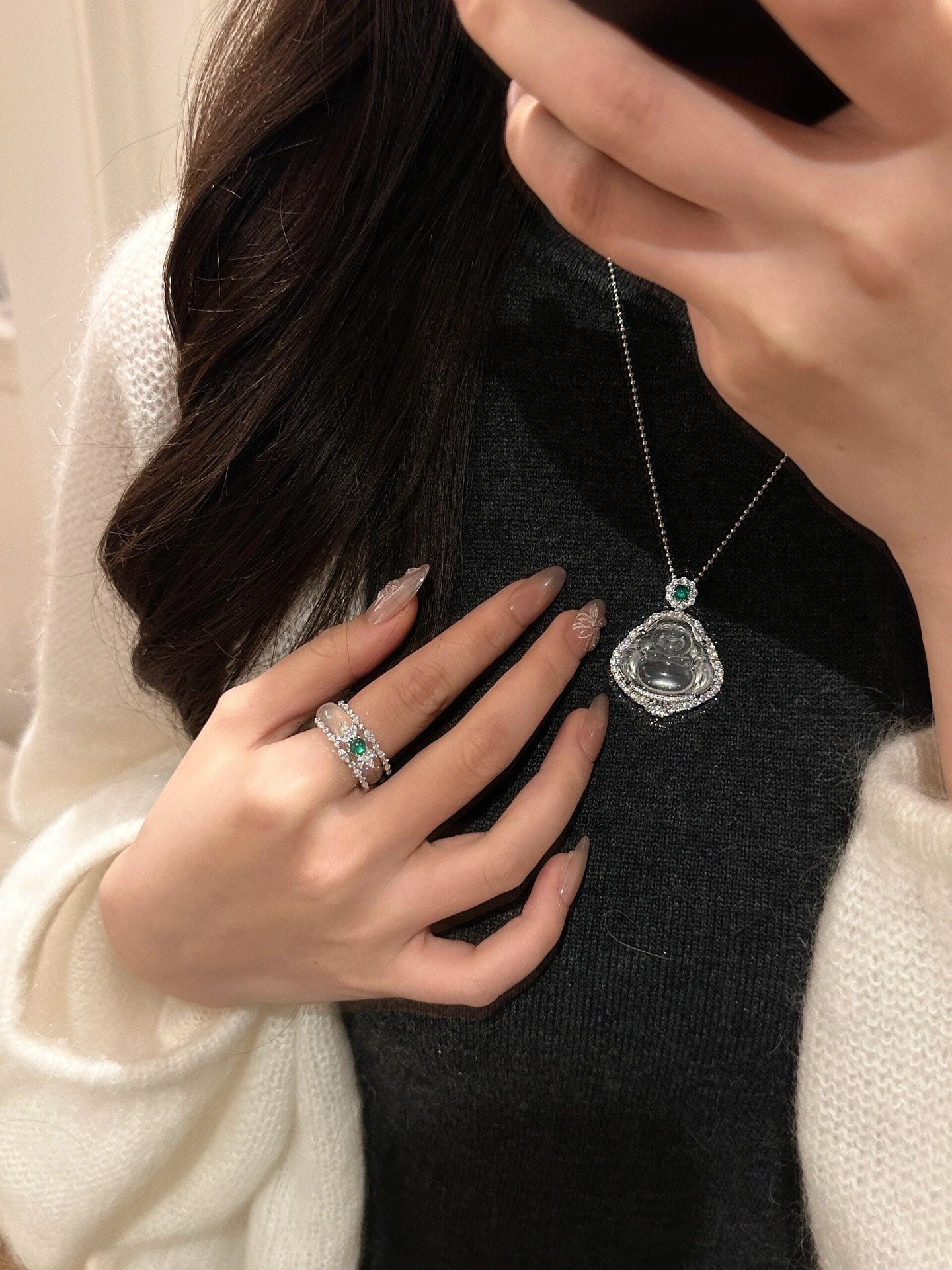 flower green pearl jade marrow ring set jza102