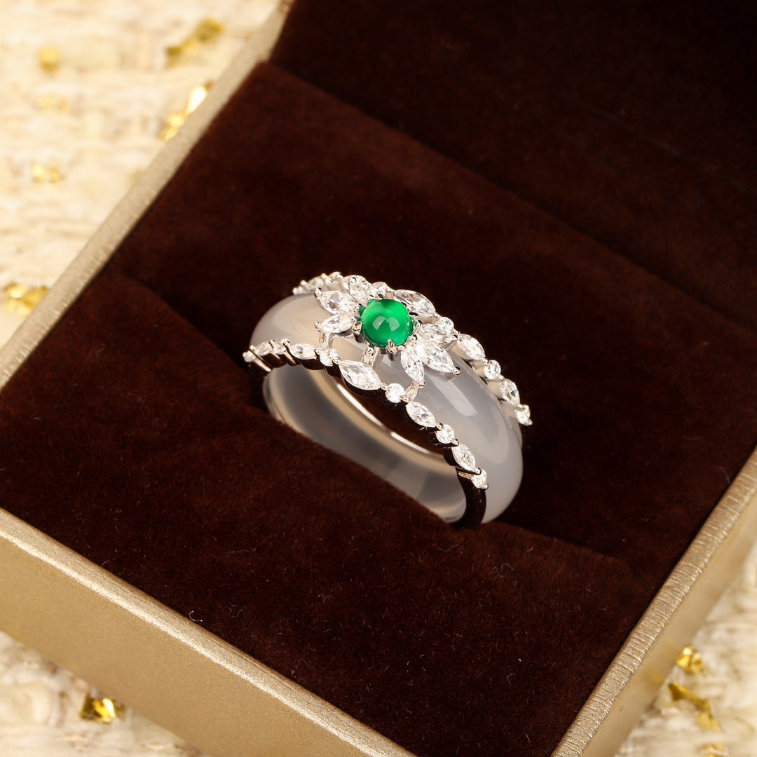 flower green pearl jade marrow ring set jza102
