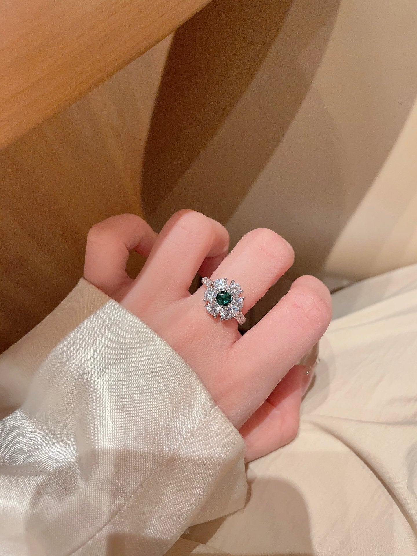 six round one diamond ring flower silver ring jza107