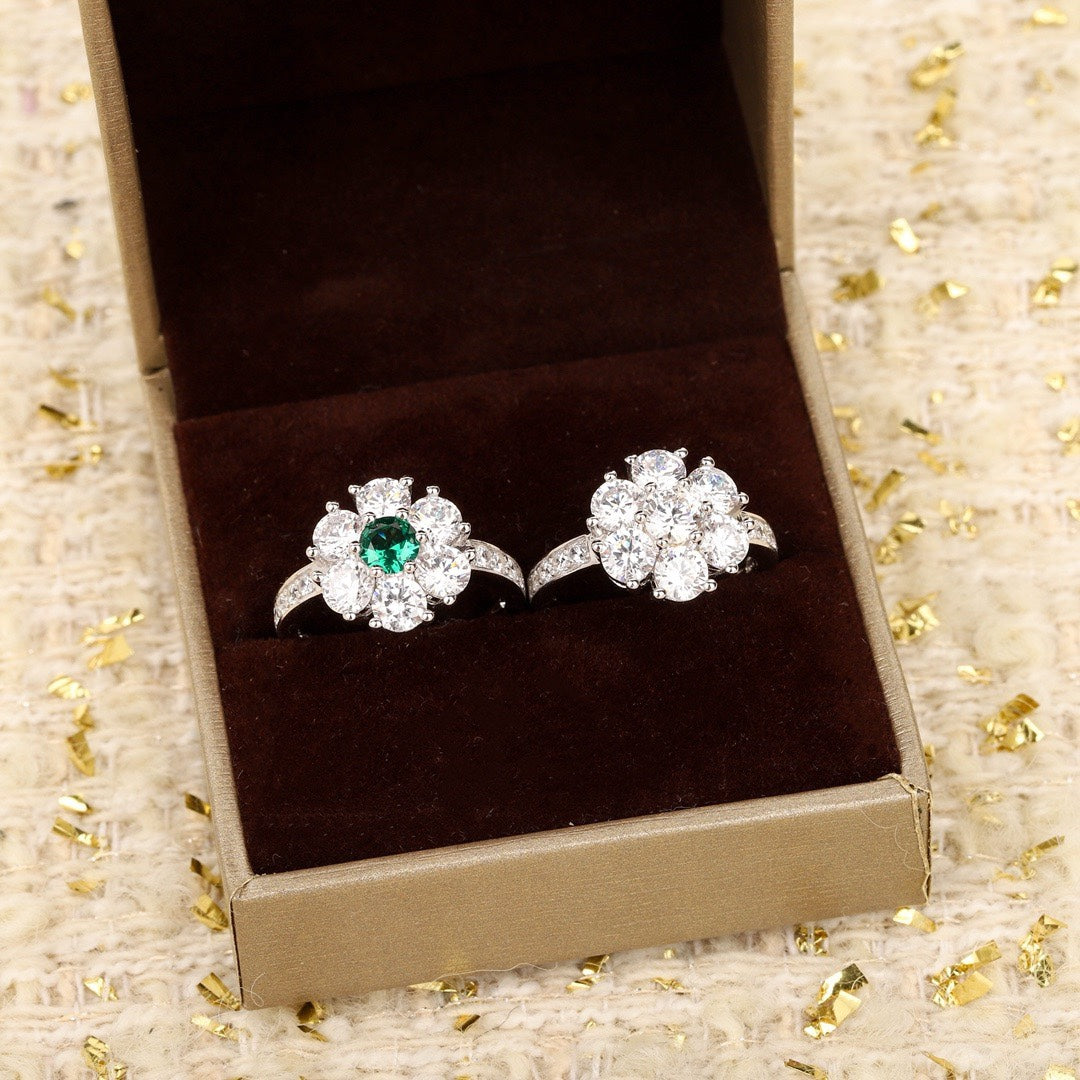 six round one diamond ring flower silver ring jza107