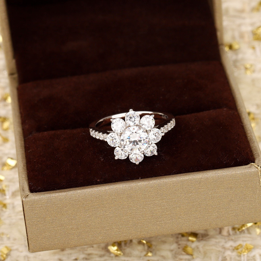 six round one diamond ring flower silver ring jza107