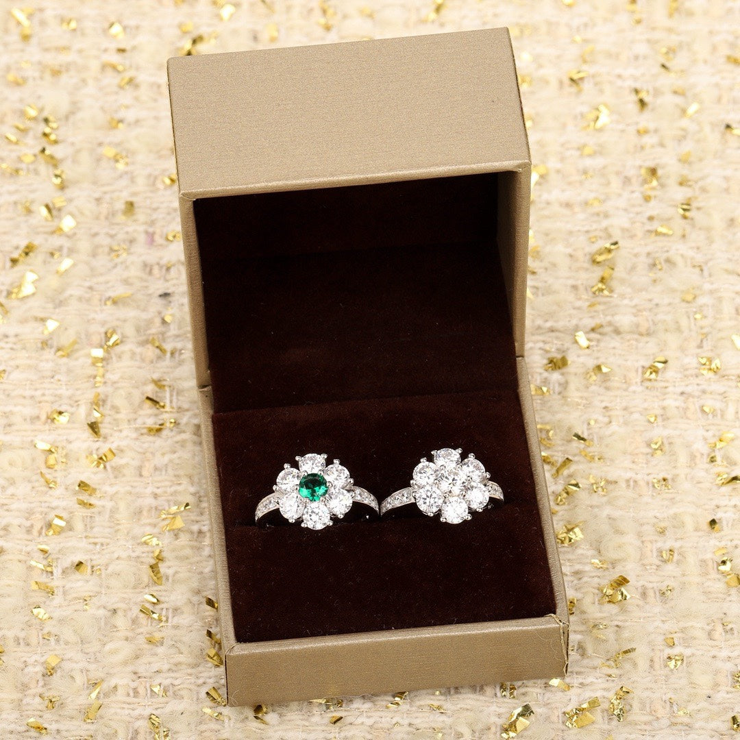 six round one diamond ring flower silver ring jza107