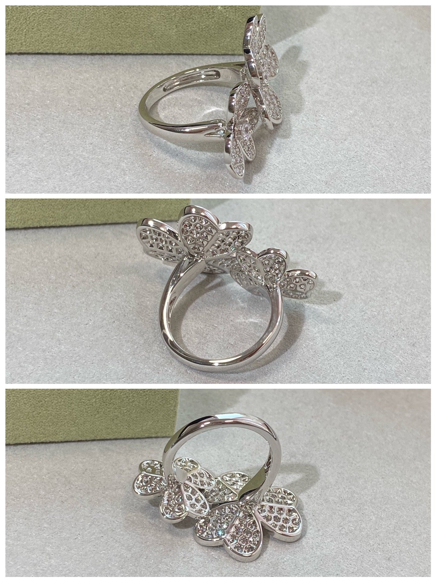 Lucky Flower Petal Full Diamond Clover Silver Ring JZA98