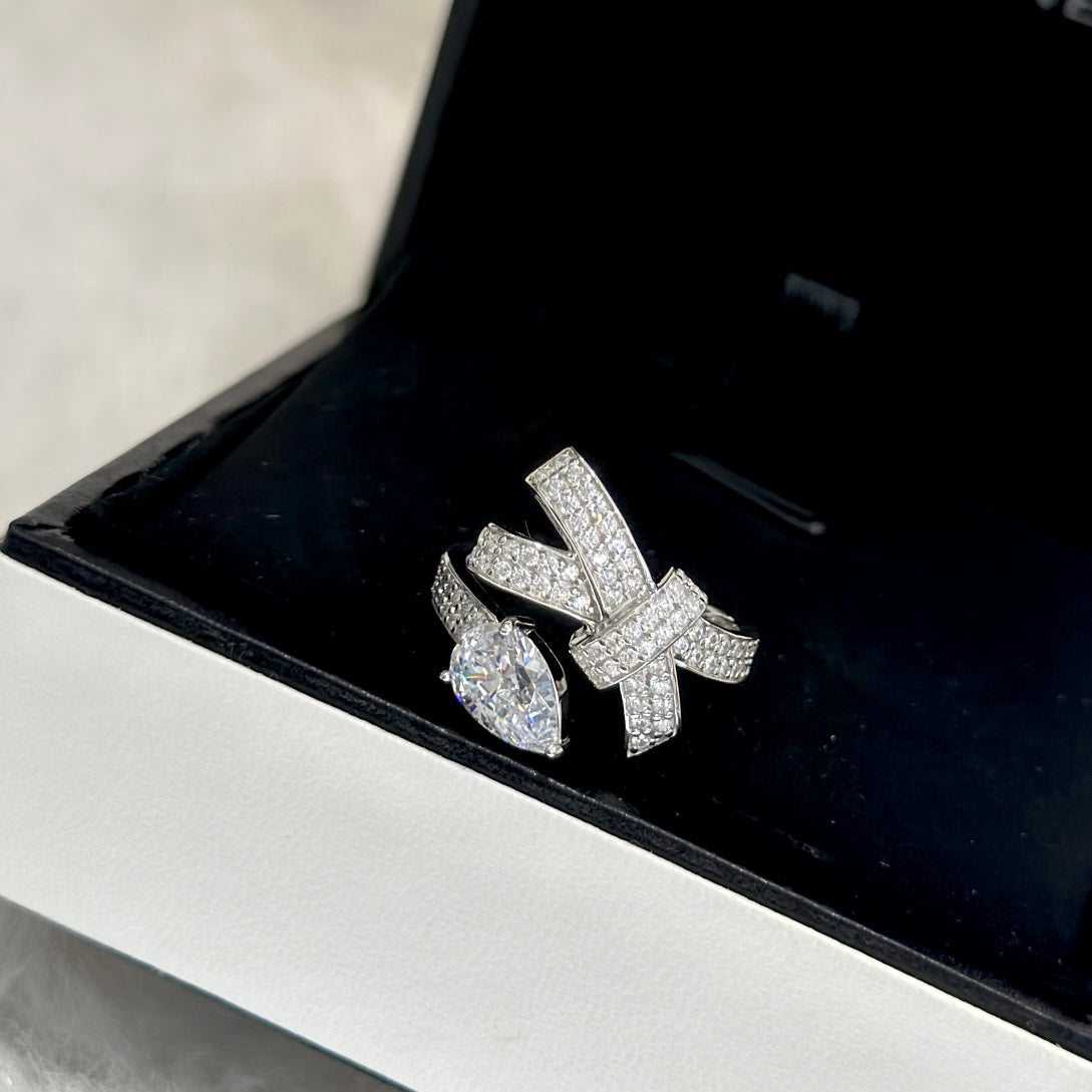 full diamond bow water drop diamond open ring jza88