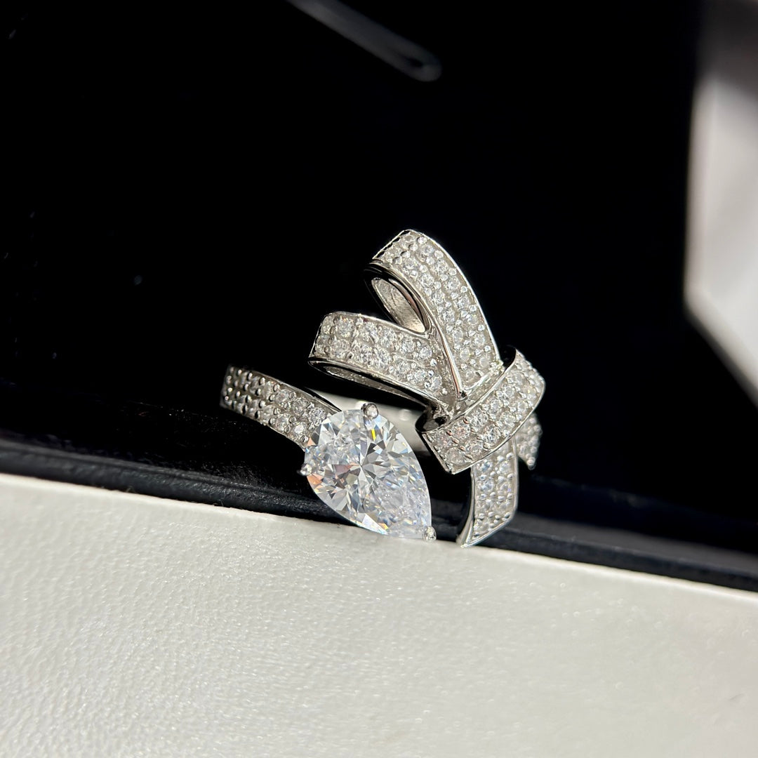 full diamond bow water drop diamond open ring jza88