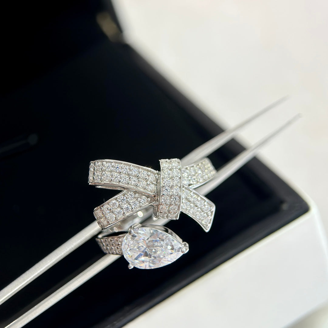 full diamond bow water drop diamond open ring jza88