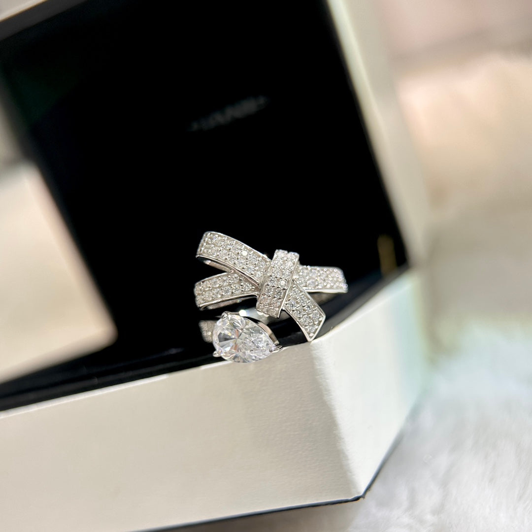 full diamond bow water drop diamond open ring jza88