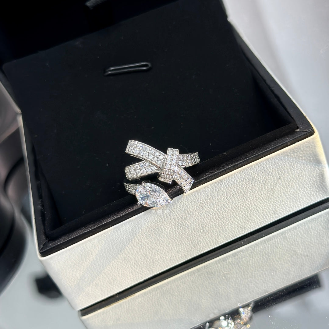 full diamond bow water drop diamond open ring jza88