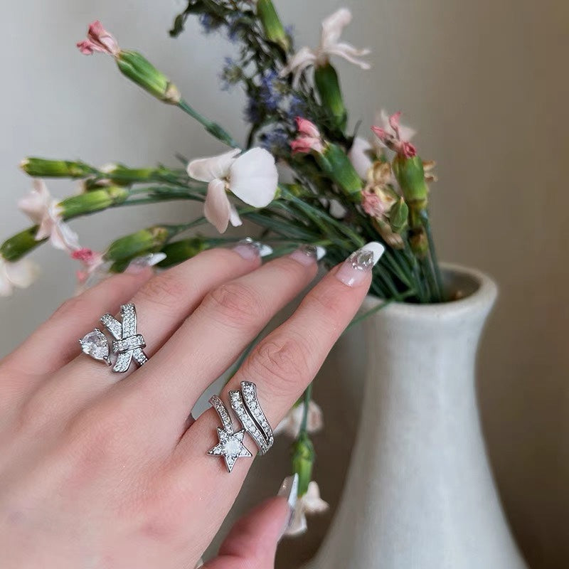full diamond bow water drop diamond open ring jza88
