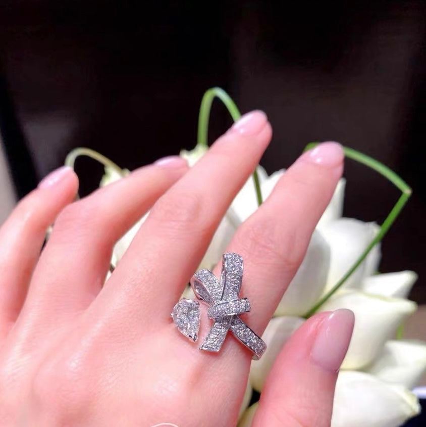 full diamond bow water drop diamond open ring jza88
